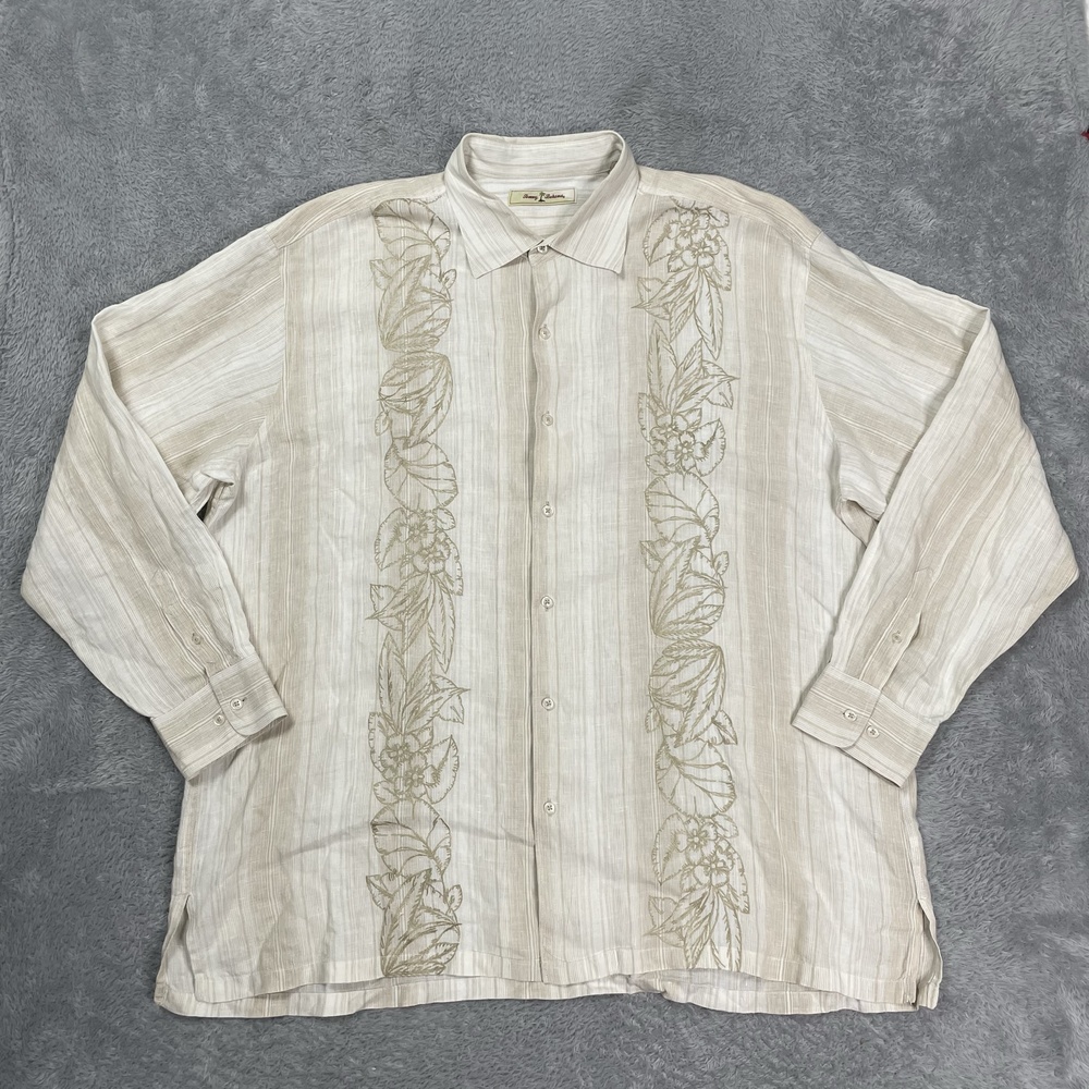 Tommy Bahama Shirt Mens 2XL Beige Linen Floral Embroidered Long Sleeve